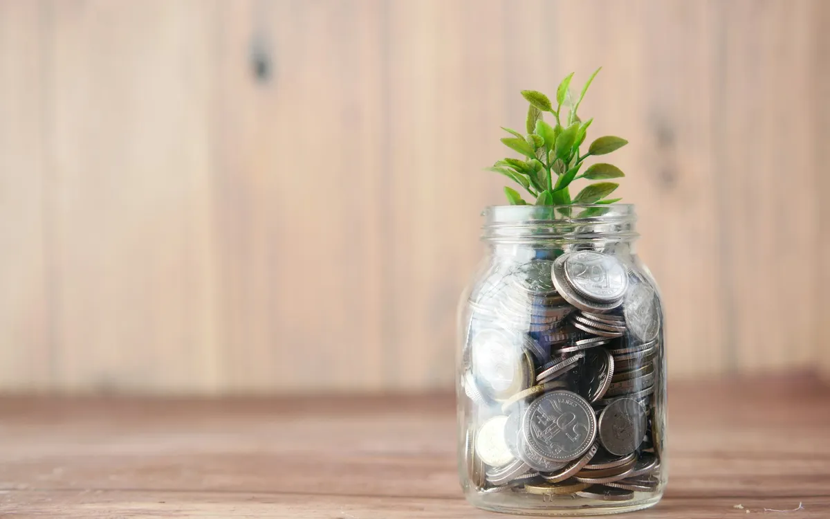 Pote de vidro com moedas e uma pequena planta