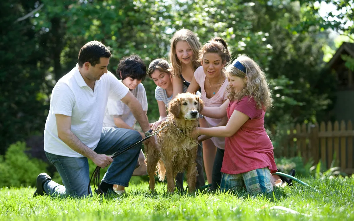 Família com crianças e um cachorro brincando em um jardim