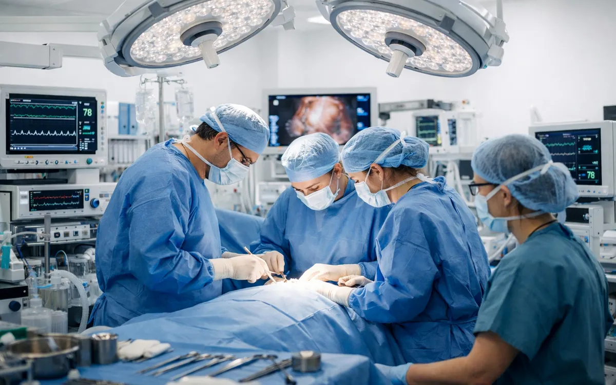 Equipe de cirurgiões em uma sala de cirurgia