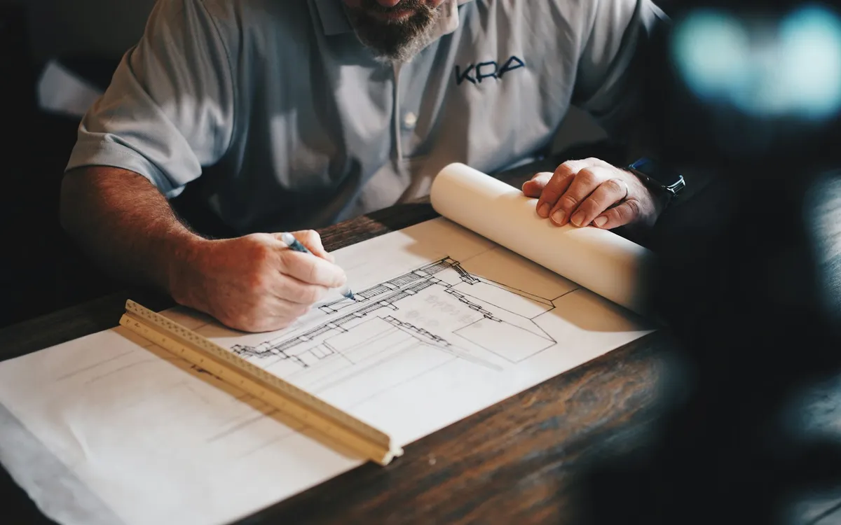 Arquiteto desenhando um projeto com lápis e régua